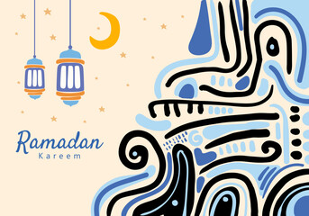 Ramadan Kareem illustration featuring abstract patterns, lanterns, a crescent moon, and stars. It reflects the festive