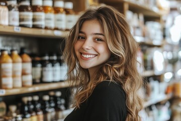 A young woman with wavy hair smiles brightly while shopping in a well-lit store