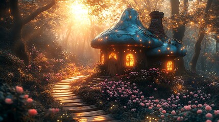Mushroom fantasy path forest enchanted house high resolution hd image