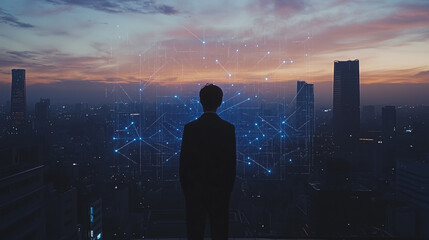 Fototapeta premium Abstract business man stands on the peak of success amid tall, innovative Smart city and graphs with statistics to analyze business potential and predict future developments in company growth.