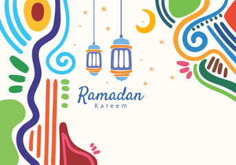 Obraz premium Hanging Ramadan Kareem lanterns with moon and star motifs, with abstract patterned decorative elements curving around the frame.