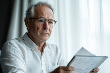 A thoughtful senior man wearing glasses reads documents near a window, contemplating his financial future.