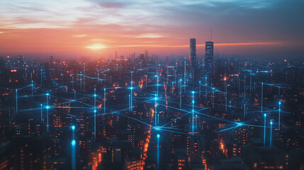 Fototapeta premium Abstract business man stands on the peak of success amid tall, innovative Smart city and graphs with statistics to analyze business potential and predict future developments in company growth.