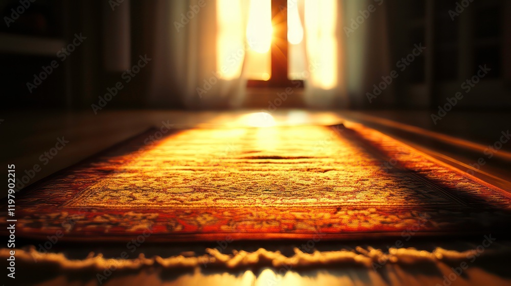 Aufkleber sunlight streams through a window onto a patterned prayer rug on a wooden floor.