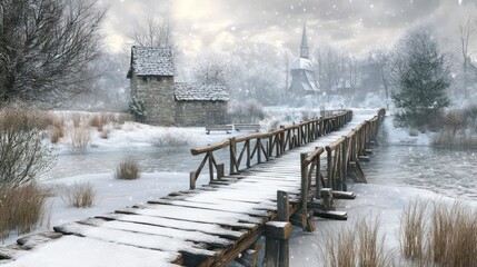 Snowy winter landscape with wooden bridge, houses, and church.
