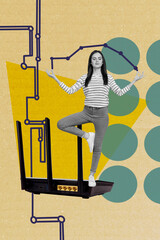 Vertical art banner collage of focused girl do yoga retreat meditation wifi router fast 5g internet...