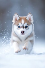 Obraz premium Playful Siberian Husky puppy with blue eyes runs joyfully through the snowy landscape on a bright winter day