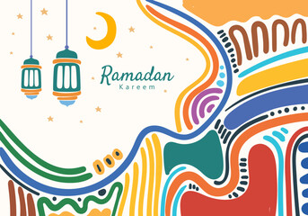 Hanging Ramadan Kareem lanterns with moon and star motifs, with abstract patterned decorative elements curving around the frame.