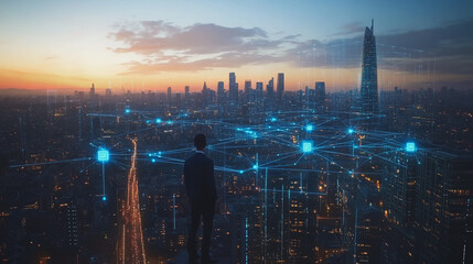 Abstract business man stands on the peak of success amid tall, innovative Smart city and graphs with statistics to analyze business potential and predict future developments in company growth.