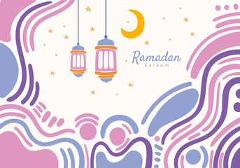 Hanging Ramadan Kareem lanterns with moon and star motifs, with abstract patterned decorative elements curving around the frame.