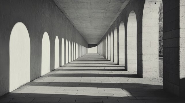 Monochromatic perspective of a long arched hallway with light and shadow patterns.