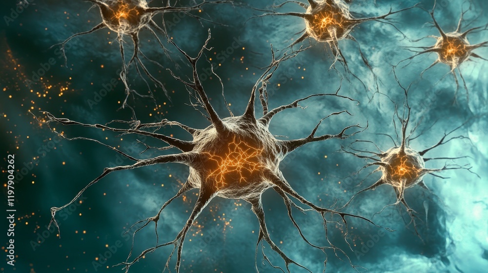 Poster artistic concept of neural links with glowing connections on a blue textured background