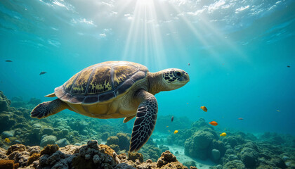 Obraz premium Turtle swimming gracefully in clear blue ocean