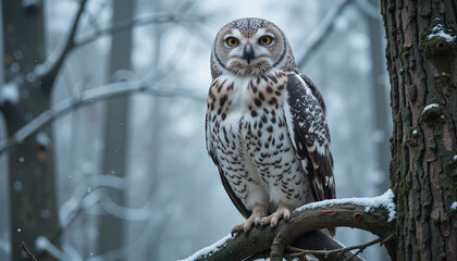 Owl perched on a branch in a snowy forest