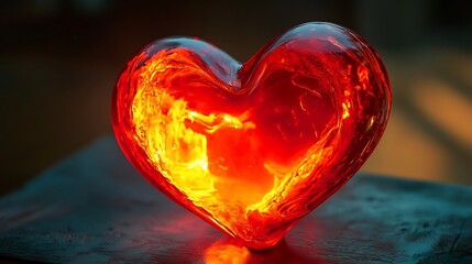 A glowing heart-shaped lamp casting a soft red light 