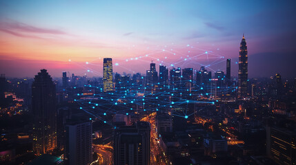 Fototapeta premium Abstract business man stands on the peak of success amid tall, innovative Smart city and graphs with statistics to analyze business potential and predict future developments in company growth.