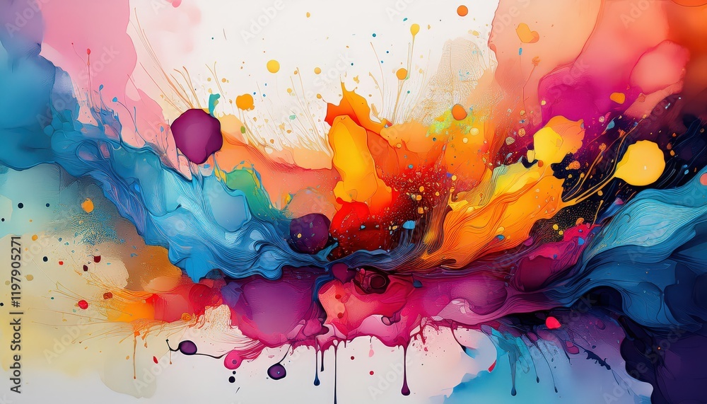 Poster striking abstraction of vibrant ink splashes, showcasing a whirlpool of colors and textures in an et