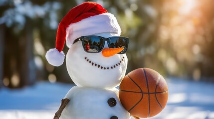 Cool snowman in Santa hat and sunglasses holding a basketball in snowy winter landscape. (1)