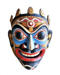 Naklejka premium A vibrant and intricately carved mask showcasing cultural artistry. This mask represents tradition and creativity in decorative craftsmanship. Generative AI