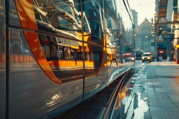 A modern tram reflecting urban scenery on a wet street.