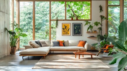 A bright and airy living room with large windows, featuring a contemporary sofa, vibrant artwork on the walls, and indoor plants adding a touch of greenery