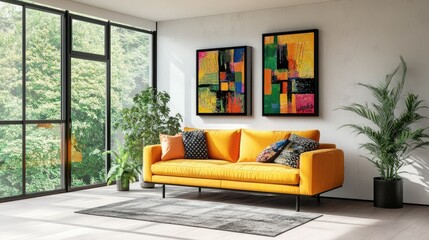 A bright and airy living room with large windows, featuring a contemporary sofa, vibrant artwork on the walls, and indoor plants adding a touch of greenery