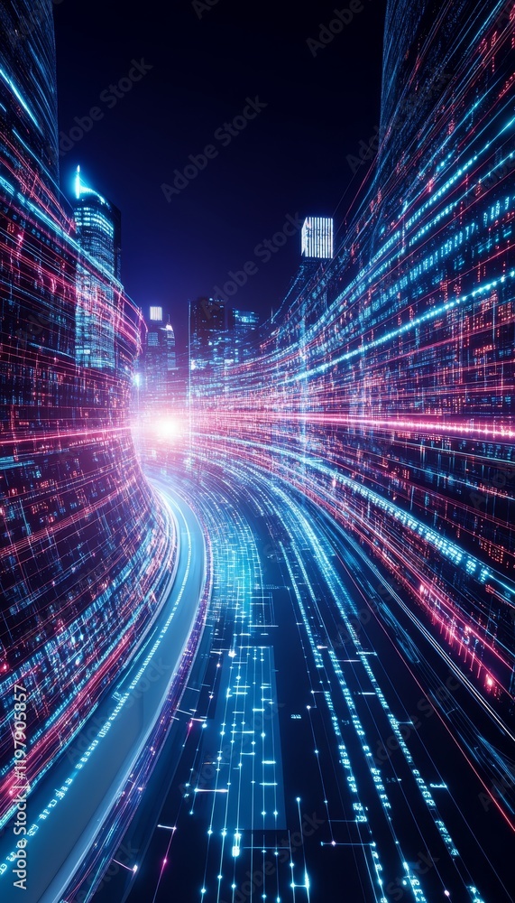 Poster abstract cityscape with flowing data streams, representing futuristic technology and communication.