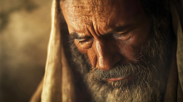 The sorrowful biblical Moses, deeply saddened by the sins he committed before the Lord, with his head bowed down in grief over his transgressions.