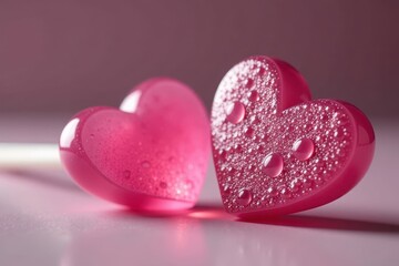 Fototapeta premium Two pink heart-shaped lollipops sitting next to each other on a table, decoration, candy, sweet treats