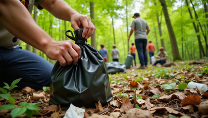 Person gathering trash in forest during community cleanup