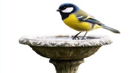 Naklejka premium A vibrant blue and yellow bird perched on a decorative birdbath. Its striking colors make it a beautiful sight. Perfect for nature lovers and birdwatchers. Generative AI