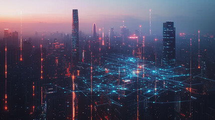 Fototapeta premium Abstract business man stands on the peak of success amid tall, innovative Smart city and graphs with statistics to analyze business potential and predict future developments in company growth.