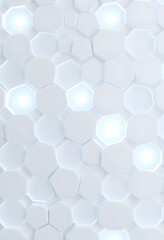 White geometric hexagonal abstract background. Surface polygon pattern with glowing hexagons, hexagonal honeycomb. Abstract white self-luminous hexagons. Futuristic abstract background 3D Illustrati