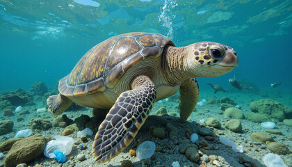 Obraz premium Turtle swimming gracefully among underwater rocks and jellyfish