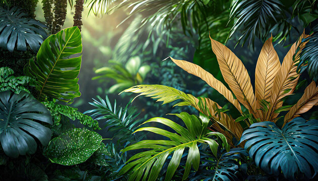 Notanical herbal exotic tropical plants herbs flowers botanical foliage background nature jungle lanfscape.
