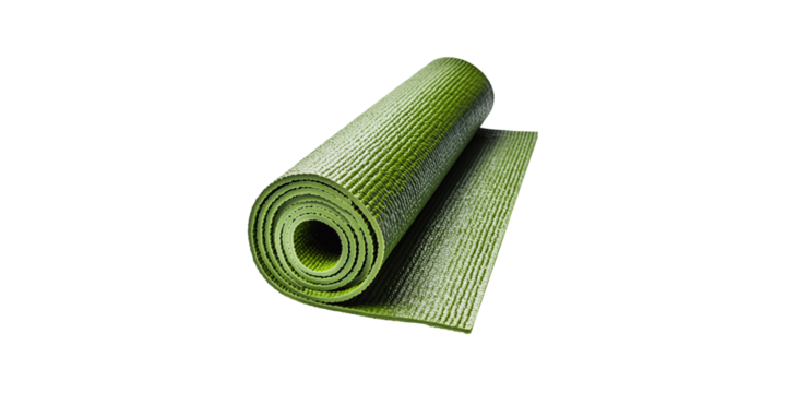 Green yoga mat rolled up isolated on transparent background
