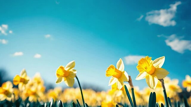 Yellow field of daffodil in blue sky. Field with Blue Sky and Trumpet Daffodils in Full Bloom Close-up Zoom in 4k video. Spring landscape 4k video
