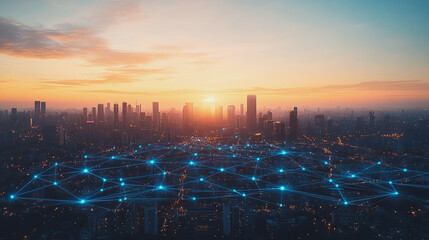 Obraz premium Abstract business man stands on the peak of success amid tall, innovative Smart city and graphs with statistics to analyze business potential and predict future developments in company growth.