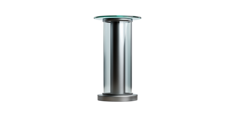 Metal cylinder pedestal with glass top isolated on transparent background