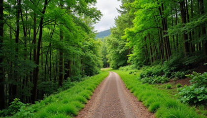 Obraz premium Lush green forest path surrounded by trees
