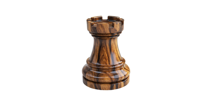 Wooden chess rook piece isolated on transparent background
