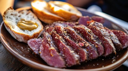 Obraz premium A close-up shot of a sliced sausage revealing its juicy interior, placed on a rustic plate with fresh bread and mustard, emphasizing its delicious texture and flavor