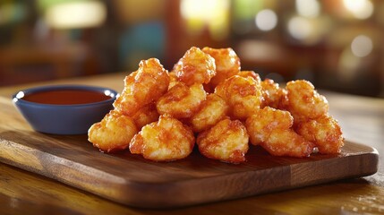 A close-up shot of golden-brown tempura shrimp, highlighting the light and crispy batter, served on a wooden board with a small bowl of soy sauce