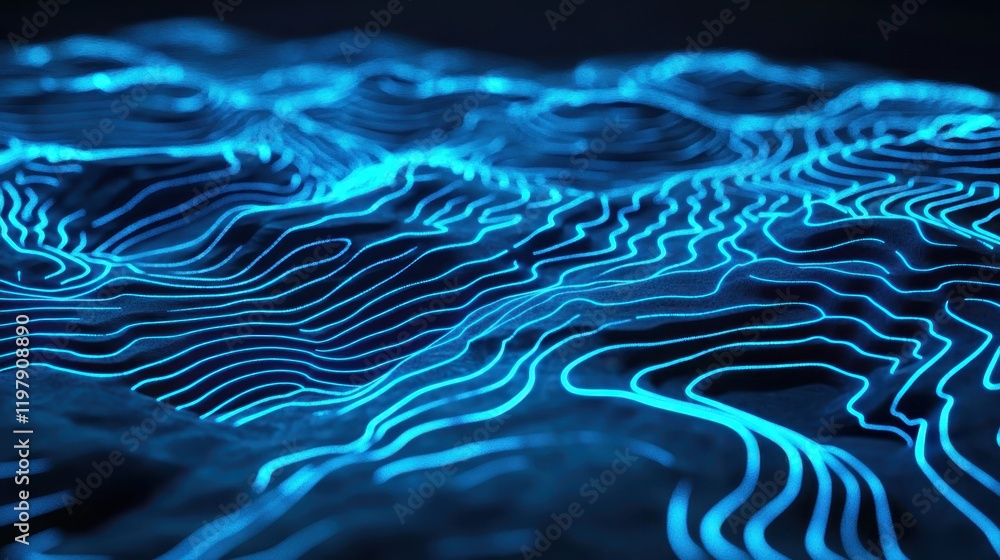 Aufkleber an abstract digital representation of a terrain map with raised areas highlighted by glowing blue li