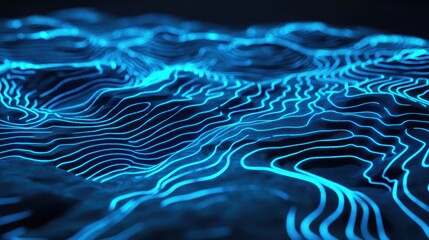 An abstract digital representation of a terrain map with raised areas highlighted by glowing blue lines