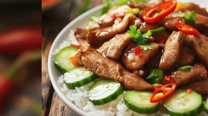Fototapeta premium A colorful presentation of ginger sauce stir-fried pork alongside steamed jasmine rice, garnished with sliced cucumbers and chili peppers for a delightful contrast