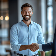 Obraz premium Smiling Professionals Shaking Hands During a Successful Discussion in a Contemporary Workspace