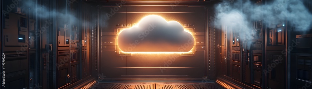 Poster a futuristic data center illuminated by a glowing cloud symbol. this digital environment symbolizes 