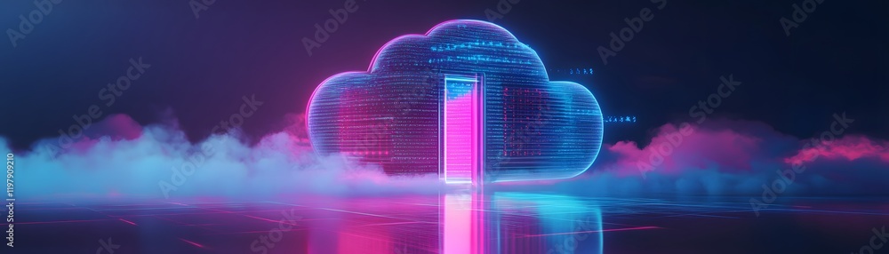 Poster a futuristic digital cloud icon illuminated with vibrant neon colors, representing cloud computing a