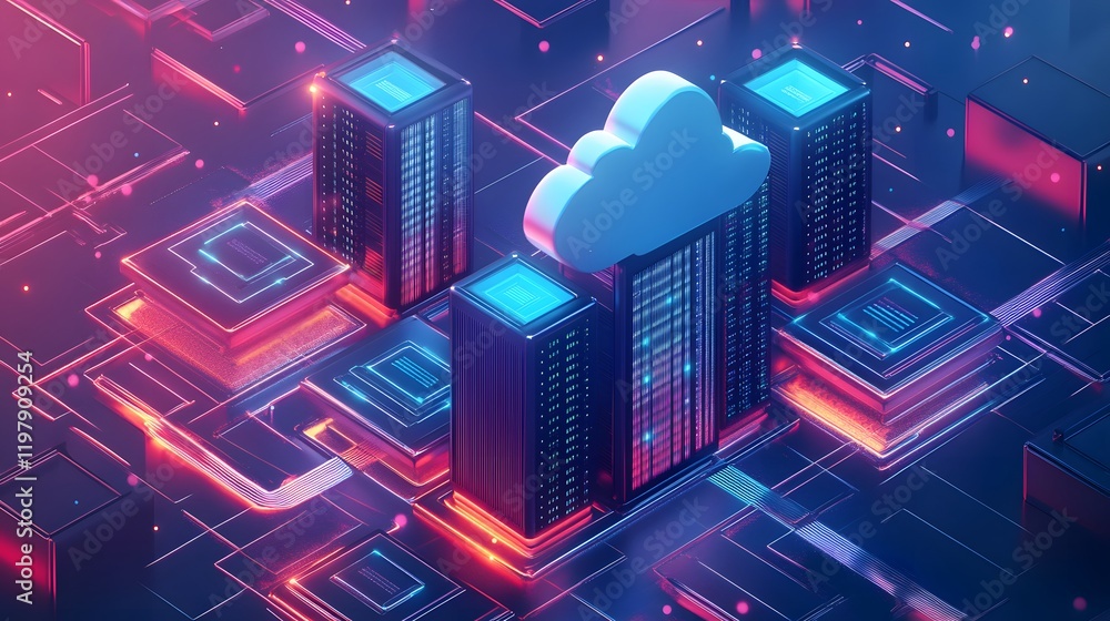 Aufkleber a futuristic digital environment featuring cloud computing, vibrant data centers, interconnected net